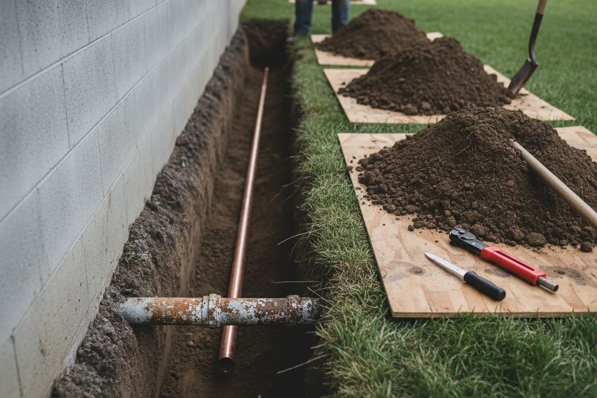 Excavated water line trench during Sewer Line Repair in Mechanicsville